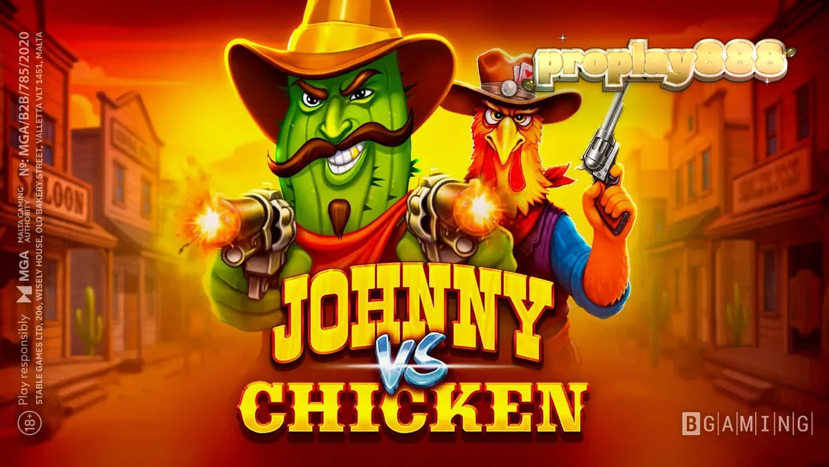 Tampilan visual slot Johnny vs Chicken dengan latar belakang Wild West dan karakter utama.